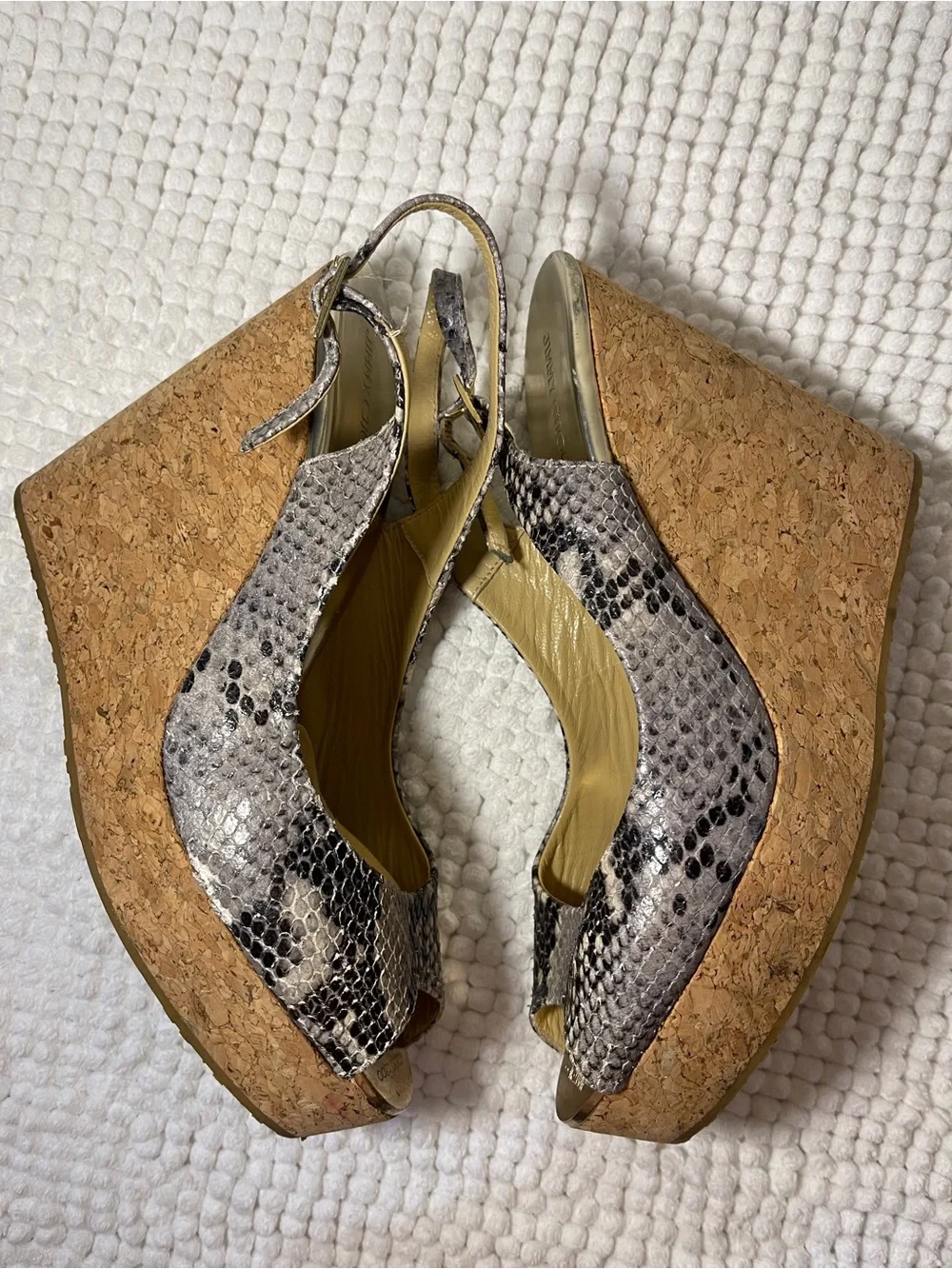 Jimmy Choo Gray Snake-Print Peep-Toe Slingback Heels
